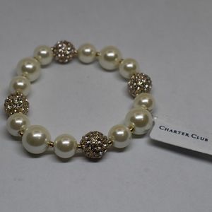 Gold-Tone Pearl and Crystal Pavé Stretch Bracelet